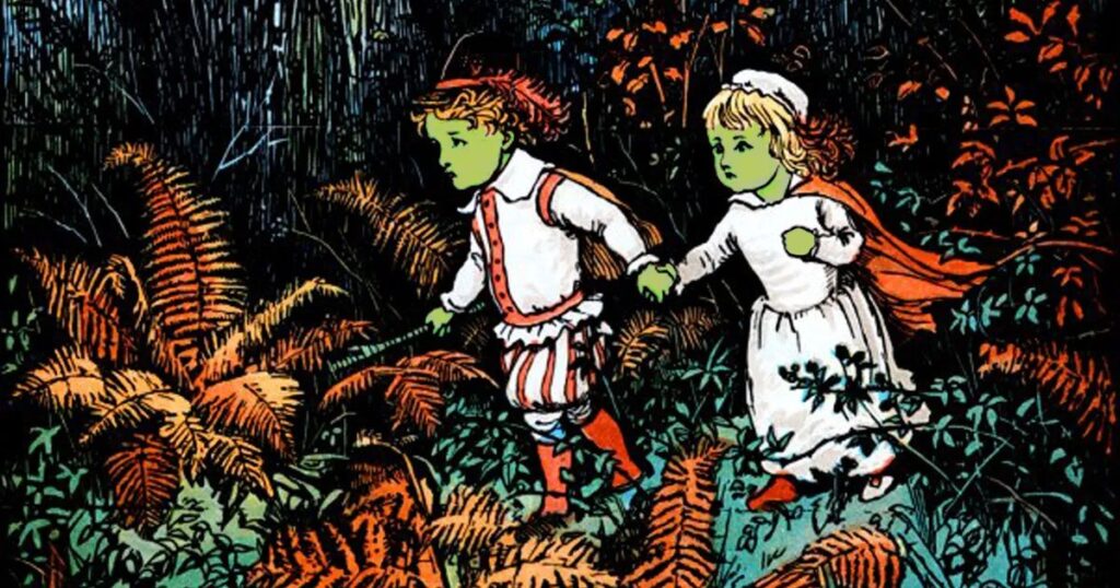 Originally an 1879 woodcut illustration by Randolph Caldecott for Babes in the Wood, later coloured and often used to illustrate the Green Children of Woolpit.